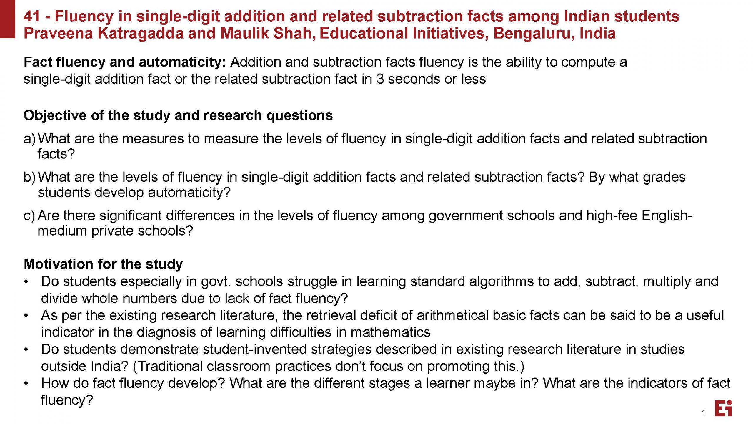 Fluency in single digit addition and related subtraction facts among Indian students